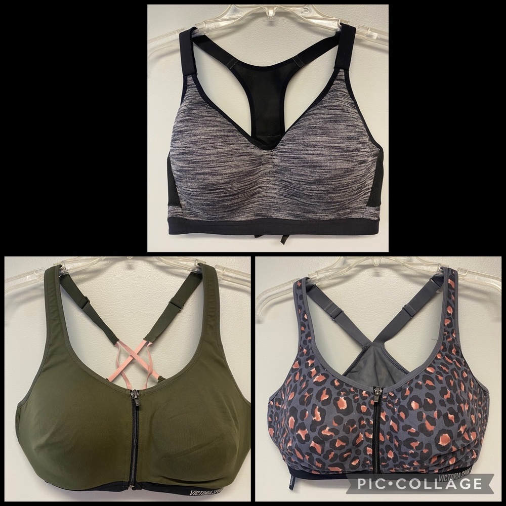 3 Victorias Secret Racerback Sports Bra Set - Black, Green, Leopard Print
